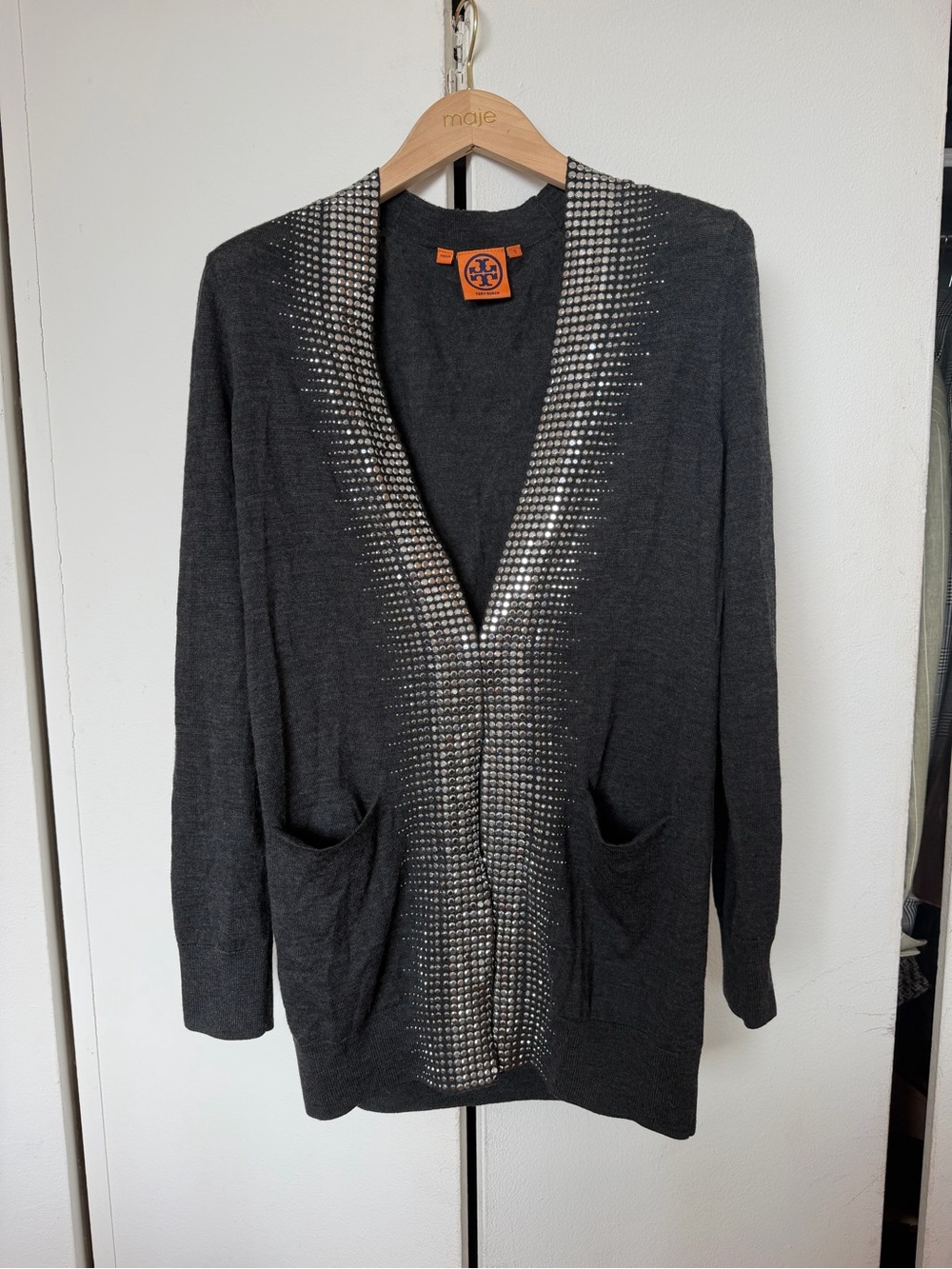 Tory Burch Charcoal Wool Open-Front Cardigan with Silver Metallic Dot Gradient